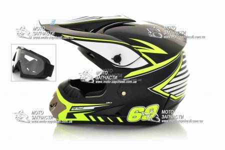 Шлем кроссовый MOTAX CH202+очки черно-салатовый